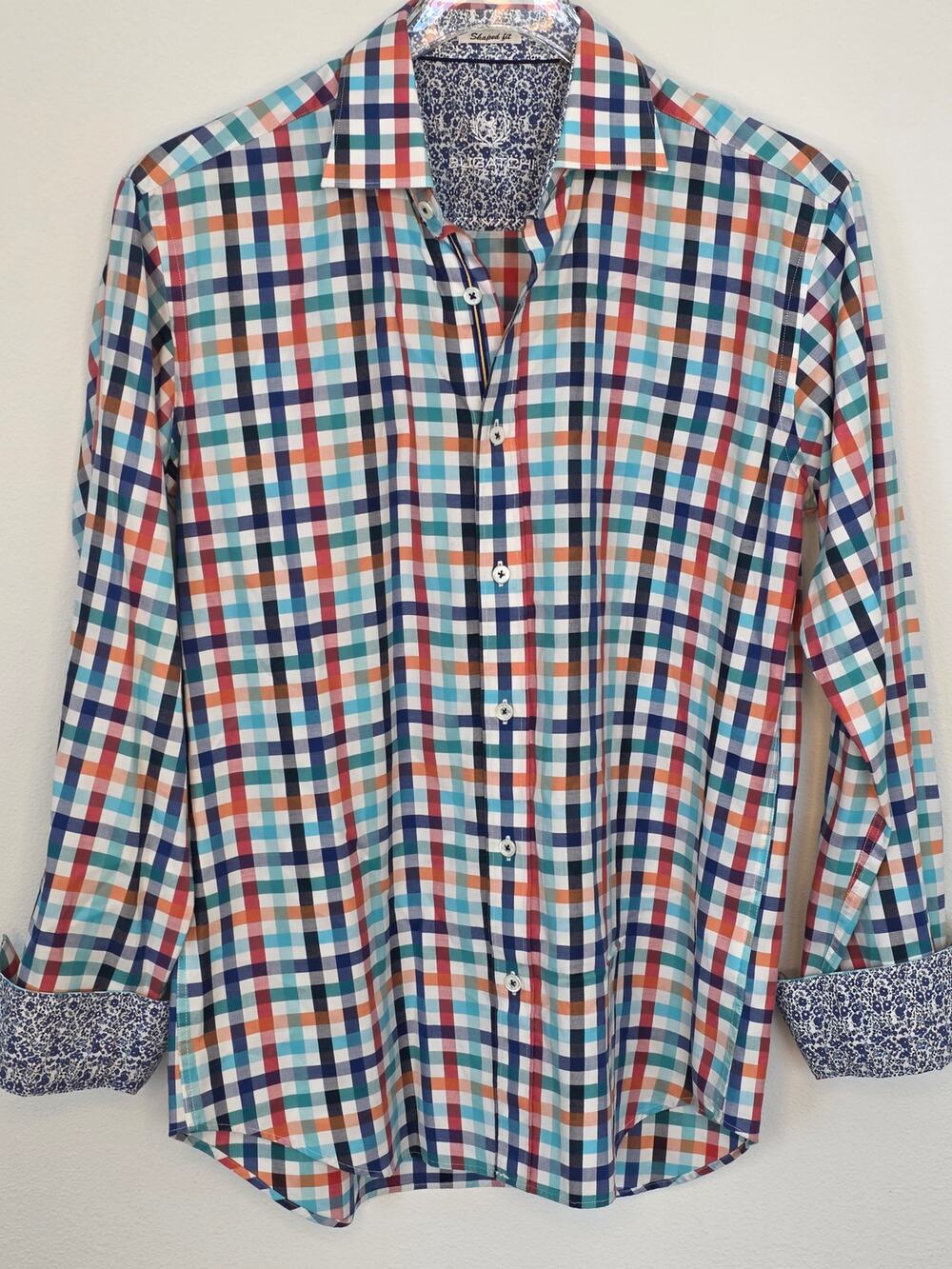 Bugatchi Shaped Fit LS Button Up Shirt Multi Color Plaid Check Contrast Trim
